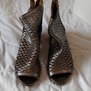 Open-Toe Metallic Ankle Booties in Silver